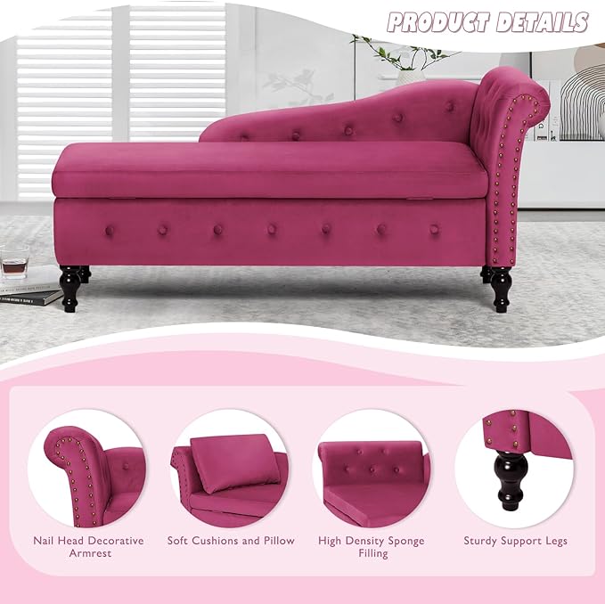 ACMEASE Upholstered Chaise Lounge with Right Armrest & Lumbar Pillow,Button Tufted Lounge Sofa with Storage,Lounge Chair Indoor,Modern Velvet Lounge Chair for Bedroom, Living Room and Office,Fuchsia