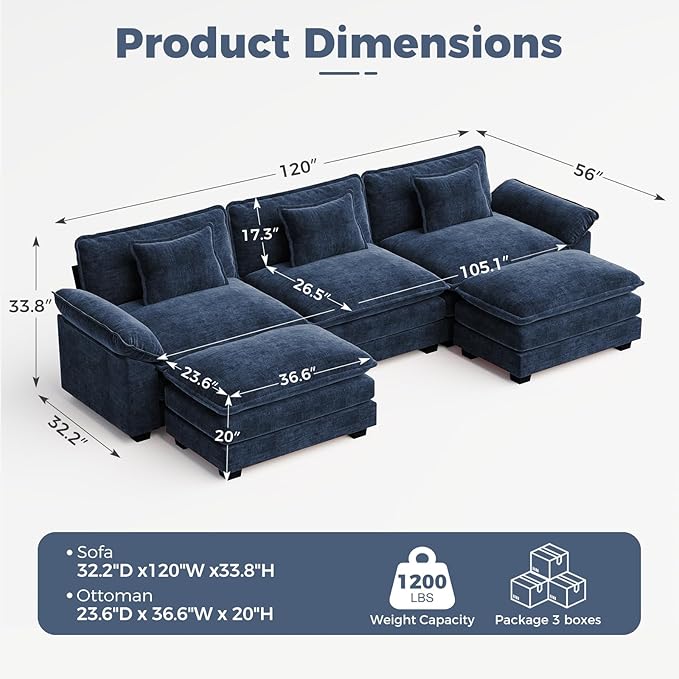 CDCASA 120" Oversized Modular Sectional Sofa, Comfy U-Shaped Cloud Couch w/ 2 Movable Ottoman, 5-Seater Chenille Deep Seat Modern Sofa Couch for Living Room, DIY Combination, Blue