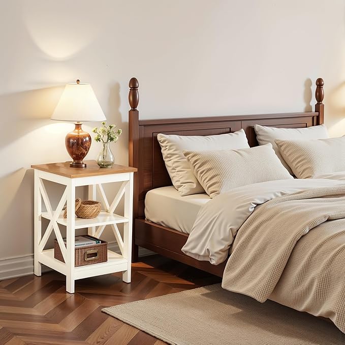 GREEN PARTY End Tables Living Room Set of 2,Side Tables with 3-Tier Storage Shelf, Small Nightstand for Bedroom, Wooden Frame,Small Coffee Table,Ivory White