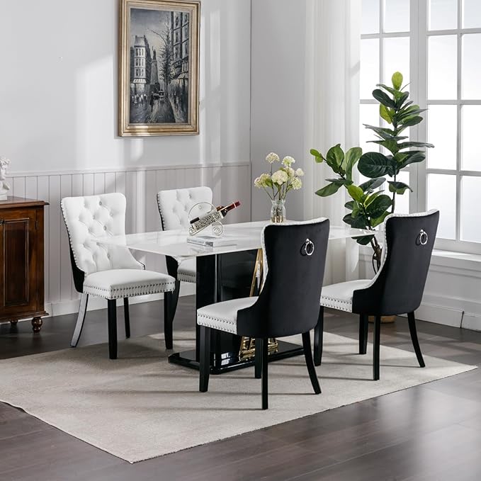 YeahFurn Modern Dining Chairs Set of 4, Tufted Upholstered Dining Room Chairs with Nailhead, PU Leather Front & Velvet Back, Solid Wood Legs, Kitchen Chairs, Sillas de Comedor (White & Black)