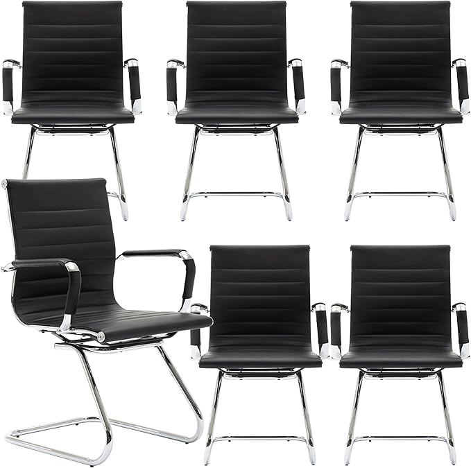 DM Furniture Black Office Desk Chair No Wheels Set of 6 PU Leather Computer Chairs Mid Back Guest Chairs for School Reception Conference Waiting Room, Black