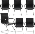 DM Furniture Black Office Desk Chair No Wheels Set of 6 PU Leather Computer Chairs Mid Back Guest Chairs for School Reception Conference Waiting Room, Black