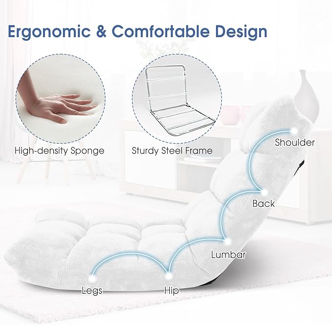 Giantex Floor Chair with Back Support, 14 Adjustable Position, Padded Sleeper Bed, Couch Recliner, Folding Gaming Floor Chairs for Adults, Living Room, Bedroom, Yoga, Meditation, White