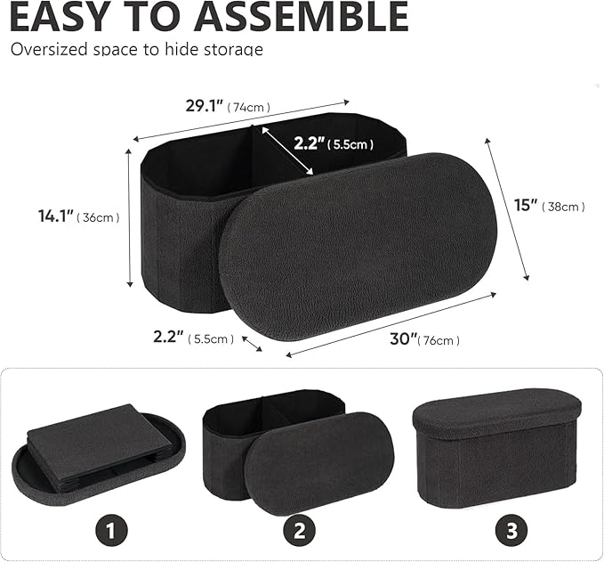 30 Inches Ottoman with Storage,Bedroom Bench with Storage, Ottoman Foot Rest for Living Room,30" L x 15" W x 15" H-Dark Grey