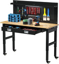 Betterhood 60" Heavy Duty Adjustable Workbench with Large Pegboard & LED Light, Adjustable Work Table with Power Outlets & Lockable Wheels, Rubber Wood Workstation for Garage, Workshop, Office, Home