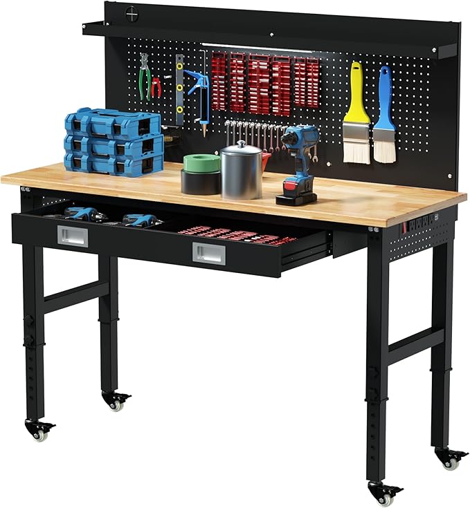 Betterhood 60" Heavy Duty Adjustable Workbench with Large Pegboard & LED Light, Adjustable Work Table with Power Outlets & Lockable Wheels, Rubber Wood Workstation for Garage, Workshop, Office, Home