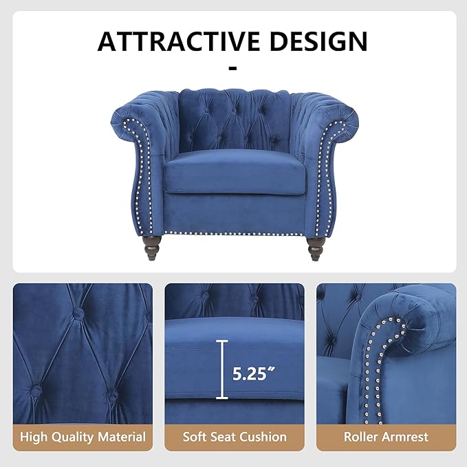 QHITTY Accent Chair, Chesterfield Modern Velvet Upholstered Chair with Tufted Back for Living Room Furniture (Blue)