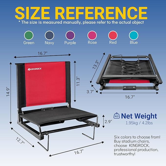KINGROCK Stadium Chair for Bleachers with Back Support Portable Folding Bleacher Seat Cushion Padded Backrest 2 Hooks Lightweight for Sports Games Concert