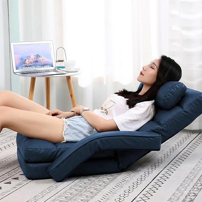 FLOGUOR 14-Position Adjustable Floor Chair, Chaise Lounge Indoor, Folding Lazy Sofa with Armrests and a Pillow Padded Adults Gaming Chairs for Living Room, Bedroom Factory Price,8803 (Blue（PU）)
