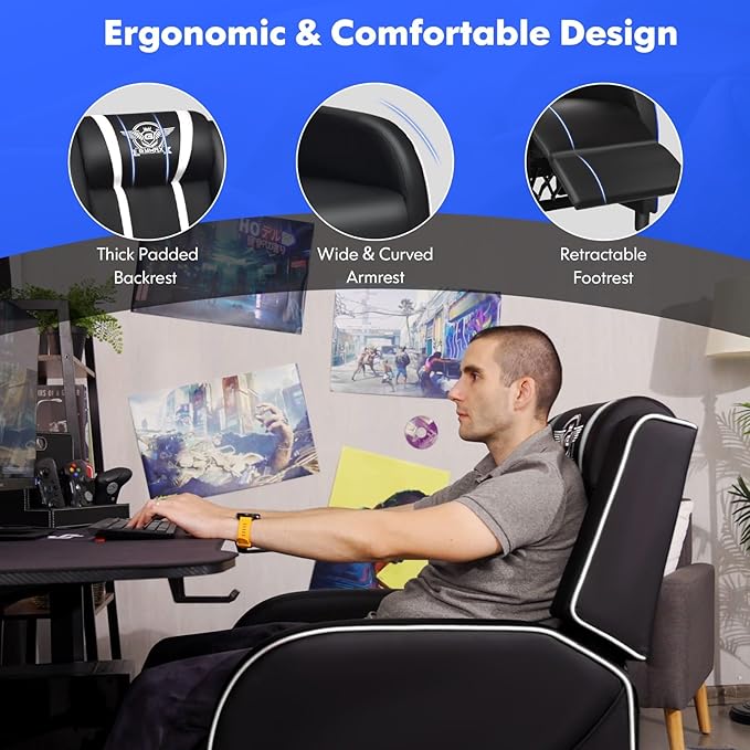 GYMAX Gaming Recliner, Massage Gaming Chair w/Adjustable Footrest, Remote Control & Side Pocket, Ergonomic Game Lounge Chair, Racing Style Single Theater Seat Game Sofa for Adults (White)