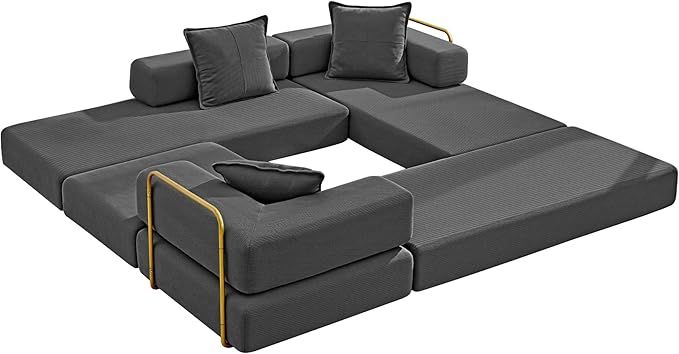 108" Convertible Sleeper Sofa Bed, Corduroy Folding Sofa Bed with Fixed-Shape Frame, Fold Out Floor Mattress Couch, Lazy Compression Sofas for Living Room, Bedroom, No Assembly Required,Grey