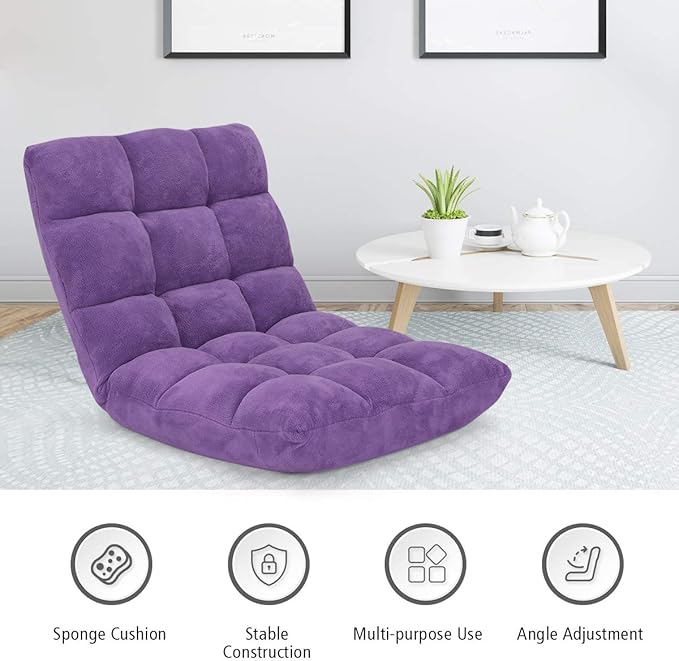 GOFLAME 14-Position Folding Floor Chair, Padded Gaming Lazy Sofa Chair with Adjustable Backrest, Couch Recliner, Sleeper Bed Lounge Chair for Reading, Gaming, Meditating (Purple)