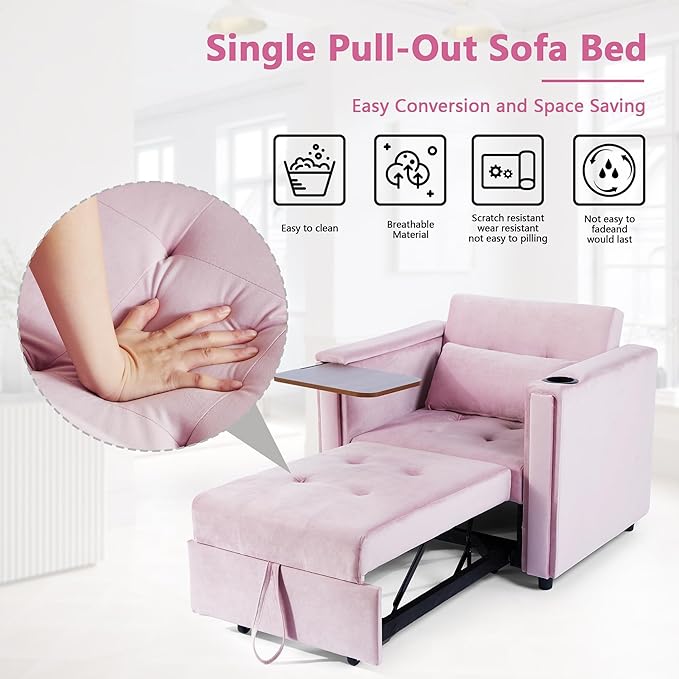Velvet Convertible Chair Bed, 3 in 1 Multi-Functional Lounge Chair Sleeper, Pull Out Couch Guest Bed with Hidden Table and Adjustable Backrest for Living Room Small Space Apartment (Pink)