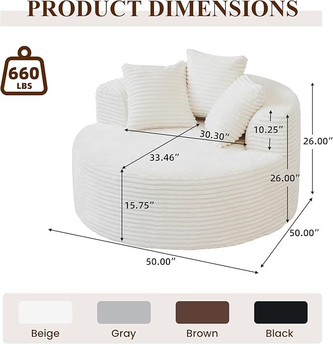WJShome Oversized Round Chair Lounge Chaise Indoor,Upholstered Corduroy Sofa Bed with 3 Pillows,Comfy Sleeper Boneless Couch,Deep Seat Couches for Living Room, Beige
