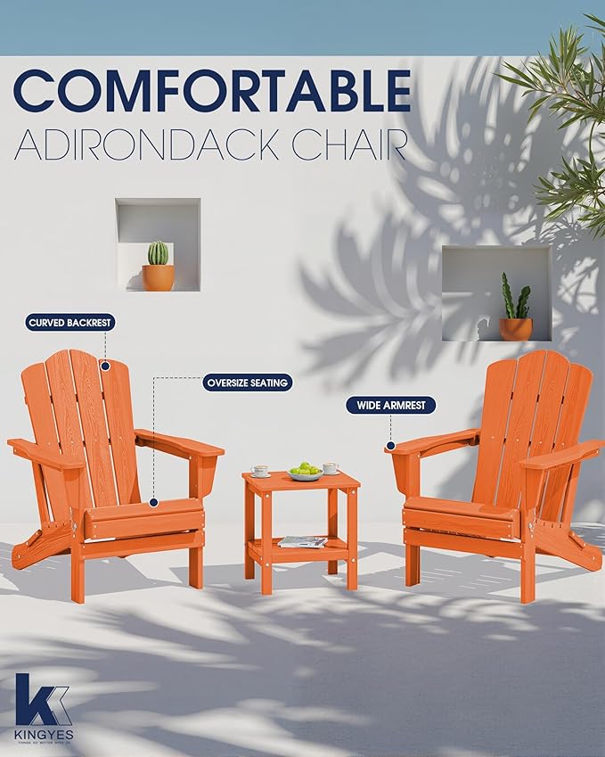 KINGYES Folding Adirondack Chair, HDPE All-Weather Patio Chairs, Wooden Textured Lawn Chair for Poolside, Backyard, Deck, Fire Pit, Orange