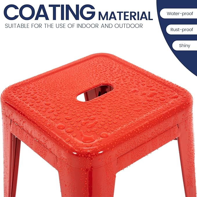 Brage Living 18 Inch Industrial Metal Stools Set of 2, Short Stackable Classroom Stools, Backless Metal Dining Chairs for Indoor Outdoor Kitchen (Red)