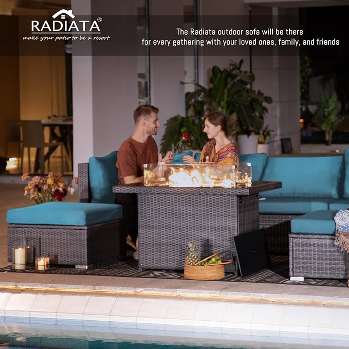 RADIATA 9 Piece Wicker Patio Furniture Set with Fire Pit, All-Weather Outdoor Sectional Couch High Back Large Size, Modular Backyard Seating Sofa Set with Propane/Natural Gas Firepit Table, Grey&Teal