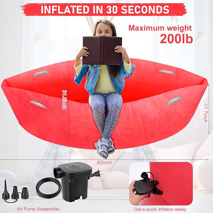 Toggloo Sensory Chair for Kids, 60" Inflatable Peapod for Children, Peapod Canoe, ADHD Sensory Pea Pod - Sensory pod for Autistic Children, Includes Electric Air Pump-Red