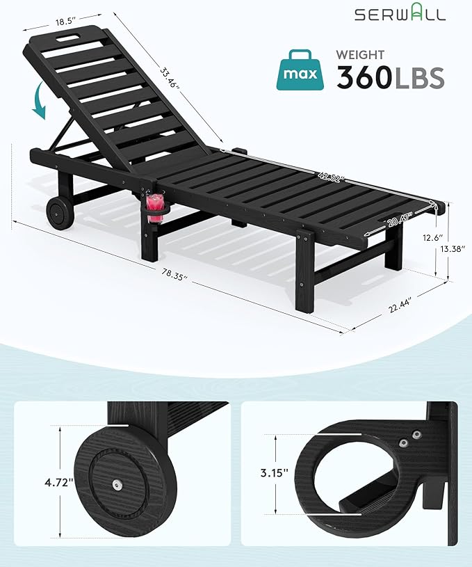 SERWALL Patio Lounge Chair Set of 2, HDPE Outdoor Lounger with Cup Holder, 5 Positions Adjustable Pool Lounger with Rolling Wheels for Poolside, Black