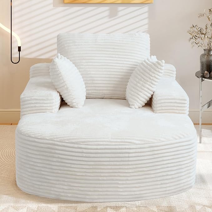 WJShome Oversized Lounge Chaise Indoor,D-Shaped Upholstered Corduroy Sofa Bed with 3 Pillows,Comfy Sleeper Boneless Couch,Deep Seat Couches for Living Room, Beige