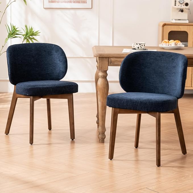 YOUNUOKE Dining Chairs Set of 2, Modern Chenille Fabric Dining Room Chair with Wood Legs, Widen Backrest Upholstered Comfy Armless Side Kitchen Chairs, Blue