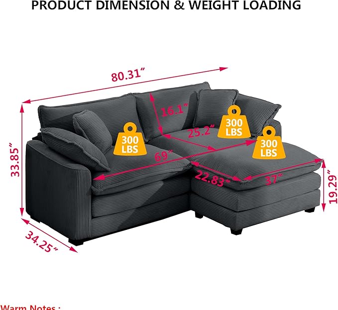 Aoowow Corduroy Loveseat Couch with Ottoman,Modern 2 Seater Cloud Couches for Living Room,Modular Sectional Cloud Sofas Deep Seat,Oversized L-Shaped Couch for Small Spaces (Grey, 2 Seater + 1 Ottoman)