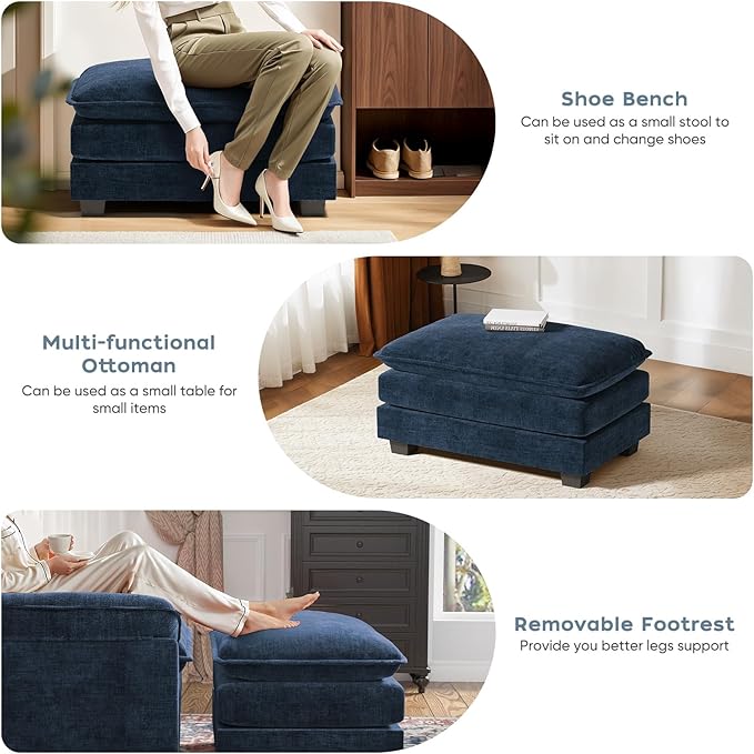 CDCASA 50'' Oversized Chair with Movable Ottoman, Chenille Comfy Cloud Sofa Accent Chair w/Large Seat and Armrests, Modern Extra Wide Armchair Reading Chairs for Living Room, Blue
