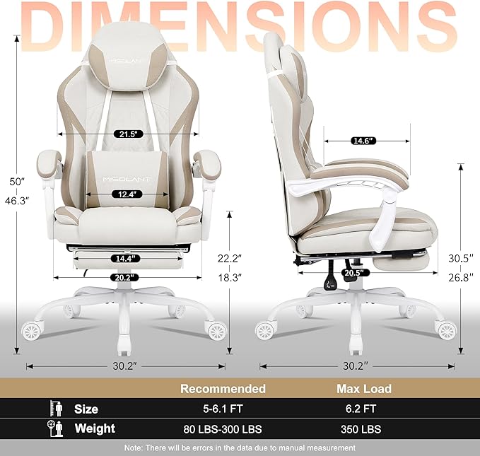 Misolant Gaming Chair, Fabric Gamer Chair with footrest for Adults, High Back Ergonomic Computer Game Chair with Adjustable Headrest and Massage Lumbar Support, 90-155° Recline Free, Beige