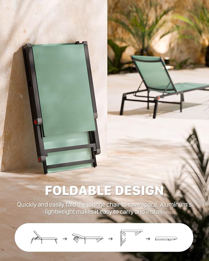 WOAJNQO Aluminum Patio Chaise Lounge Chair Set of 2 with Side Table,5-Position Adjustable Backrest,Foldable Lounge Chair Outdoor,Pool Lounge Chairs for Poolside,Lawn,Deck,Beach (Green, 2 Pack+Table)