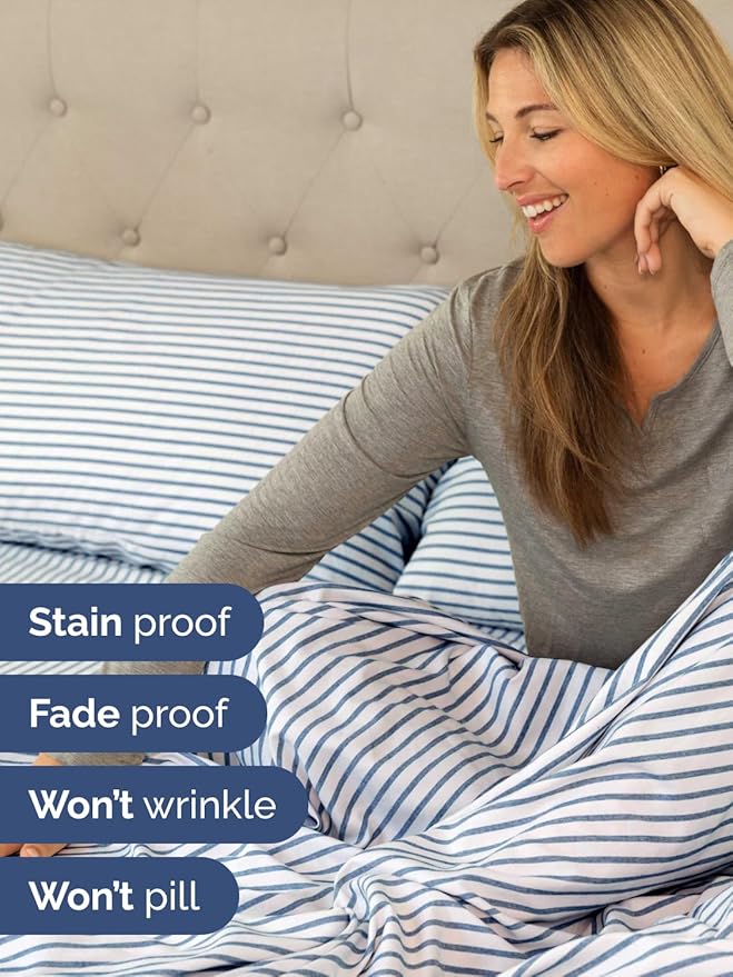 Extra Deep Pocket Split King Sheets - 5 Piece Breathable & Cooling Bed Sheets - Hotel Luxury Bed Sheet Set - Soft, Wrinkle Free & Comfy - Easily Fits Extra Deep Mattresses - Blue Striped Sheets Set