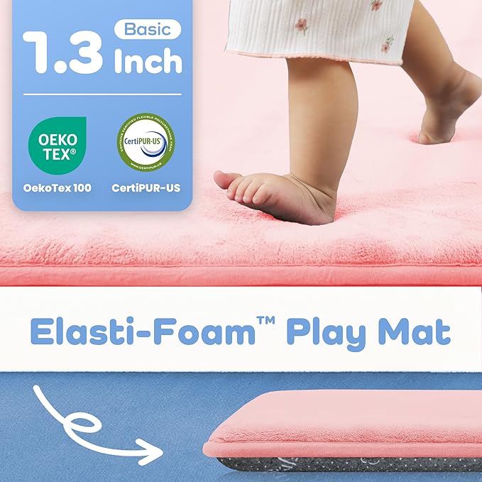 PAPAMAT 1.3" Thick Baby Floor Play Mat 39x59, Basic Padded Foam Mat for Tummy Time Crawling, Non Slip Cushioned for Babies Toddlers Infants Kids (Pink)