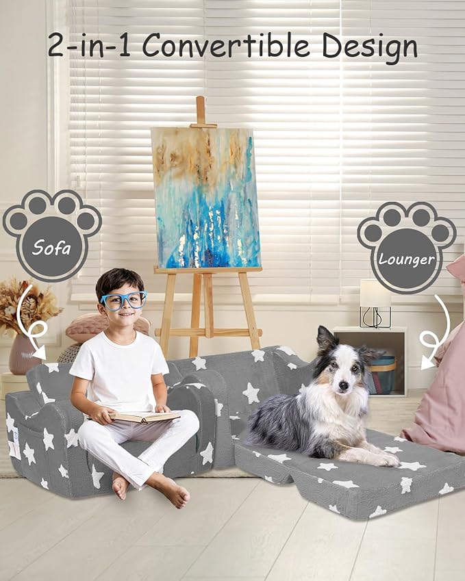 Toddler Couch, Kids Couch for Toddler Fold Out, 2-in-1 Convertible Kid Sofa to Lounger Bed for Girls and Boys, Ideal for Reading Sleeping Gaming Decor (Gray)