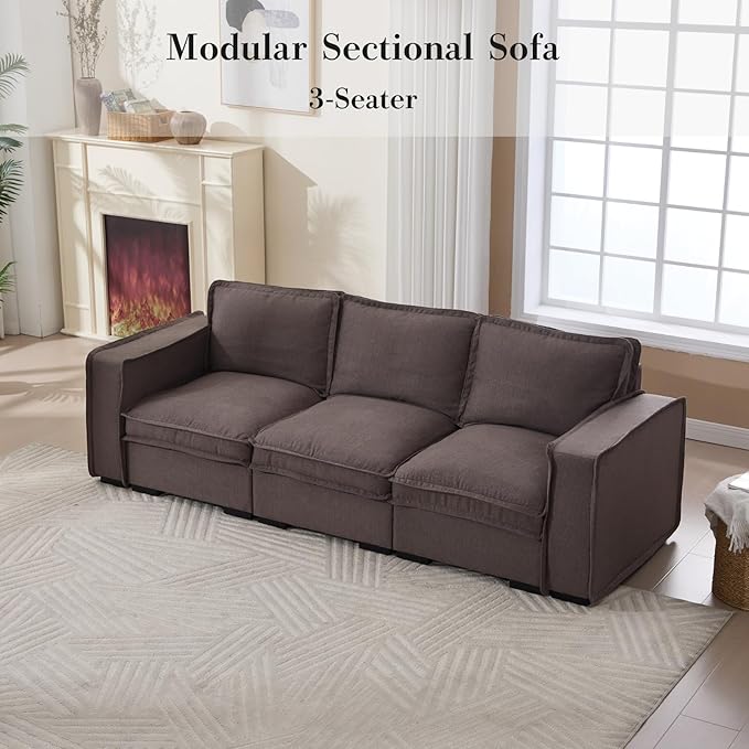 HEAY-YO 93 Inches Modern Modular Sectional Sofa,3-Seater Comfy Couch with High Density Foam and Armrests,Floor Sofa for Living Room Bedroom Apartment,Linen Grey
