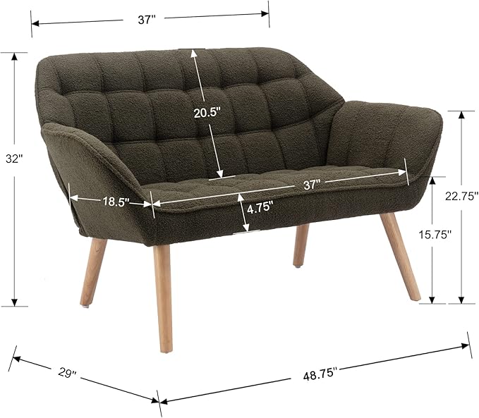 QUINJAY 48" Small Loveseat Sofa, Modern Sherpa Mini Sofa Couch 2-Seater Fluffy Love Seat with Quilting Backs and Wood Legs for Living Room, Bedroom and Small Space, Green