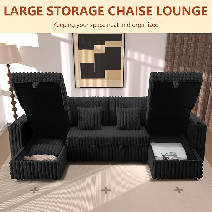 124" Sectional Sleeper Sofa with Pull Out Bed, Comfy Fluffy Plush Corduroy Cloud Sectional Couches for Living Room, U Shaped Modular Couch with Storage Chaise, Cup Holder & USB Charger, Black