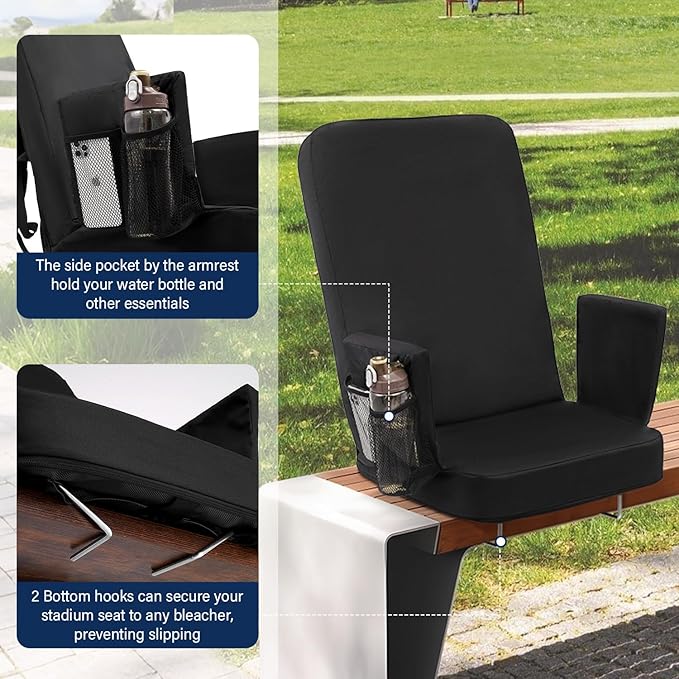 TOPSKY Stadium Seat with Back Support, Comfortable Padded Cushion, Folding Bleacher Seat with Metal Hook, Shoulder Strap, Carry Handle, Cup Holder (Black, 1 Pack)