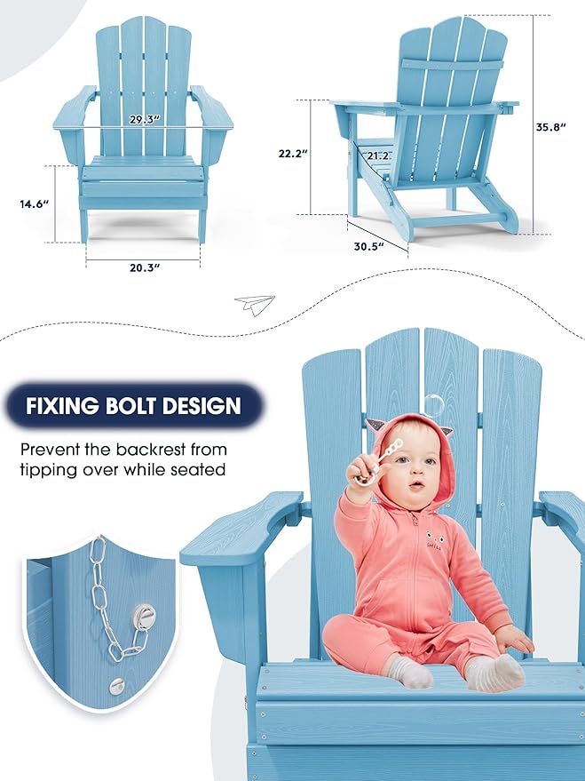 KINGYES Folding Adirondack Chair Set of 8, HDPE All-Weather Folding Adirondack Chair, Light Blue