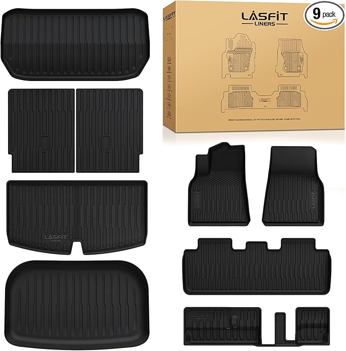 LASFIT 9PCS Premium Extra Thick Floor Mats for Tesla Model Y 7 Seater 2025/2024/2023/2022/2021/2020 | TPE All Weather Custom Fit Interior Accessories | Cargo Liners Trunk Mats with Rear Backrest Mats