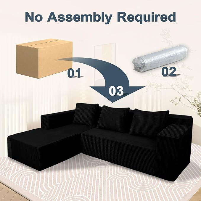 ANONER 103" L-Shaped Sofa Bed Cloud Couch, Modular Sectional Corner Sofa with Deep Seat, Modern Minimalist Boneless Couch with Chaise, Free Combination Couches for Apartment (Black)