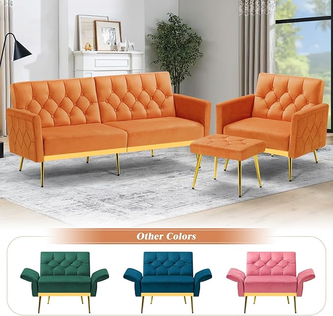 ACMEASE Velvet Accent Chair w/Adjustable Armrests and Backrests, Tufted Single Sofa with Ottoman, Upholstered Reading Chiar for Living Room, Apartment, Bedroom, Orange