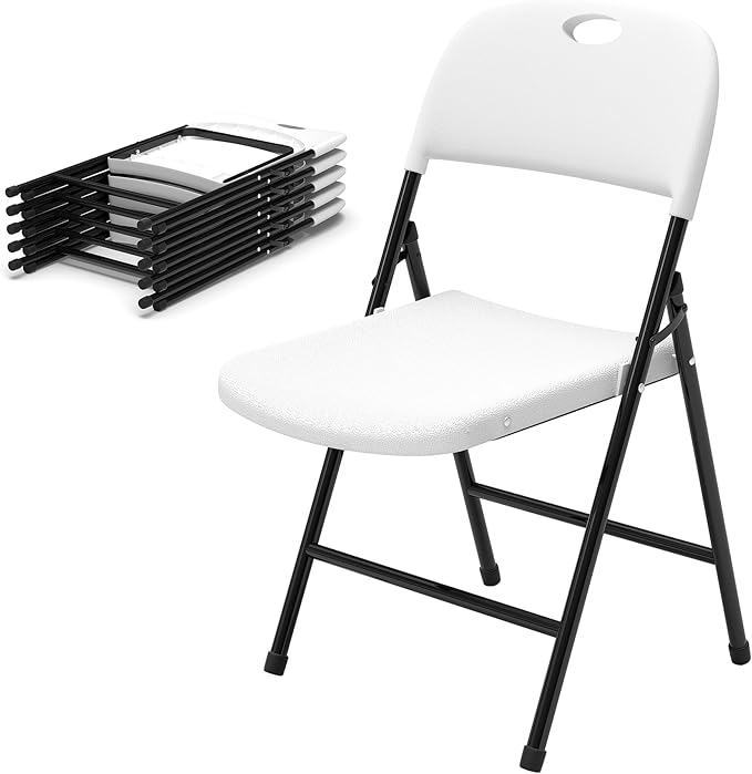 Folding Chairs, Plastic Foldable Chair, Outdoor Plastic Sturdy Metal Folding Chairs, Heavy Duty Foldable Commercial Seating for Picnic, Party, Patio 6 Pack White