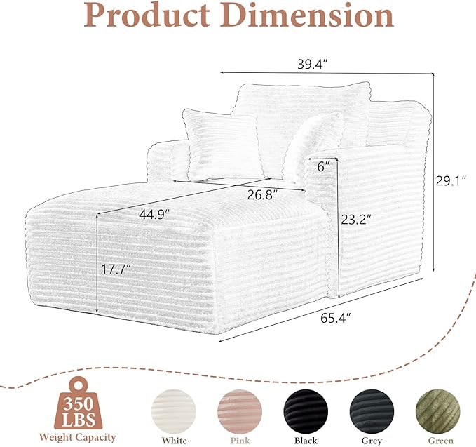 VEPXXP 65.4" Chaise Lounge Chair Indoor, Oversized Boneless Couch Comfy Upholstered Sleeper Sofa Bed with 3 Pillows, Corduroy Cloud Reading Chair for Living Room No Assembly Required, Pink