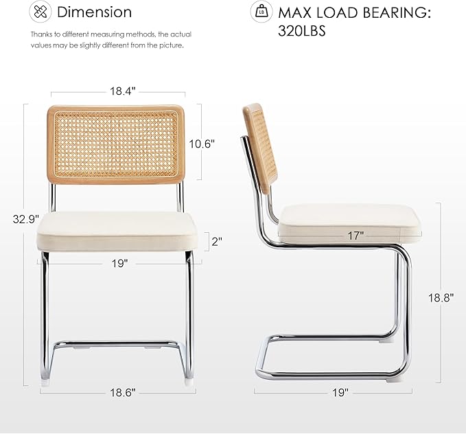 Zesthouse Natural Rattan Dining Chairs Set of 2, Mid Century Modern Dining Chairs with Solid Wood Back & Chrome Base, for Kitchen Living Room, Breuer Design Inspired, Upholstered Linen Fabric, White