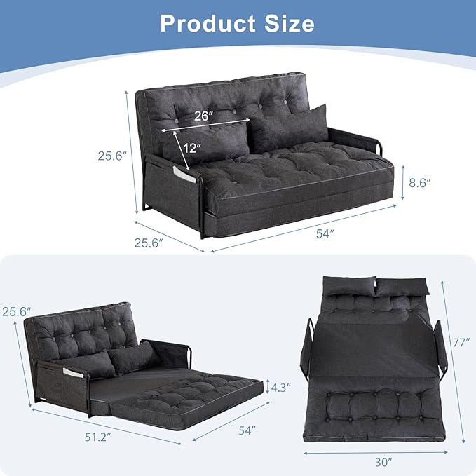 YOSHOOT Adjustable Lazy Floor Sofa, Folding Couch Bed with 5 Positions Adjustable Backrest, Convertible Bean Bag Sofa Bed Couch Foldable Sleeper Chair with Pillow for Reading Gaming（Grey, Full）