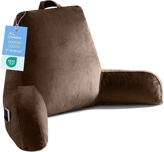 OAISZ Reading Pillow for Sitting in Bed Adult, Reading Pillow with Shredded Memory Foam, Back Pillow for Sitting Up with Extend Arms, Pockets, Bed Pillow with Washable Cover,Brown, X-Large