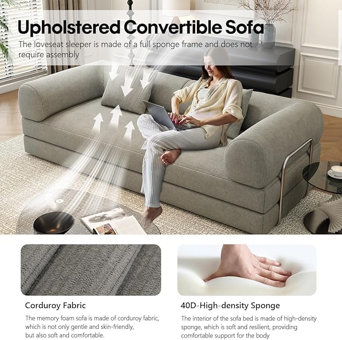 YUODL 78.8" Modular Sofa Bed - 4-in-1 Convertible Design with Corduroy Fabric and High Density Sponge, Removable Cover and Fixed Frame