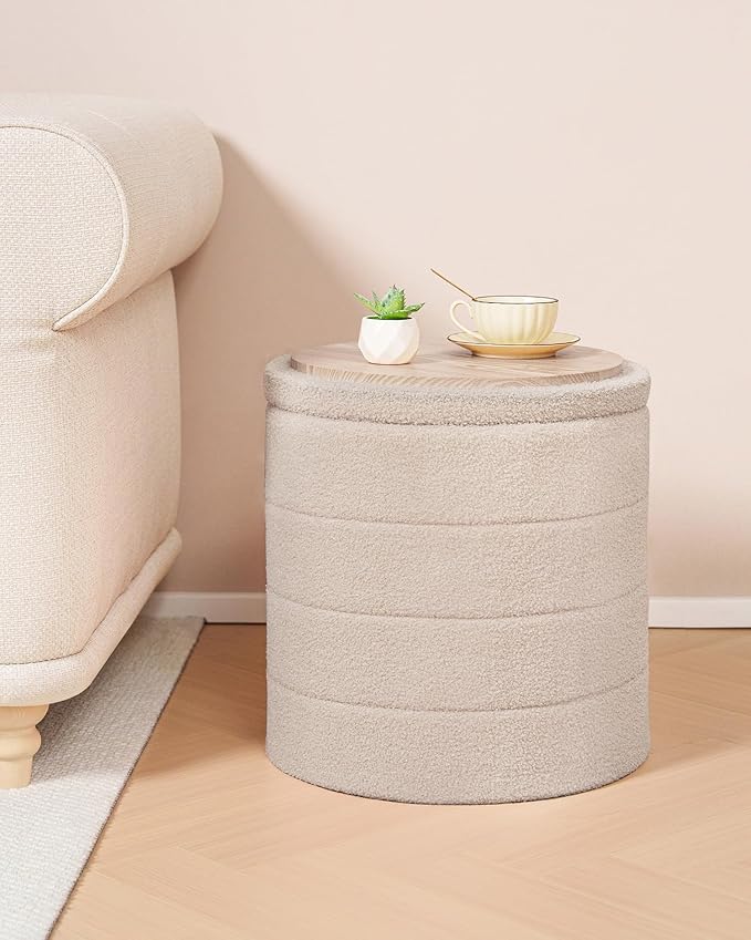 B FSOBEIIALEO Ottoman with Stroage, Round Sherpa Storage Ottoman Stool, Boucle Foot Rest 16.9"x16.9"x17.7"（Beige