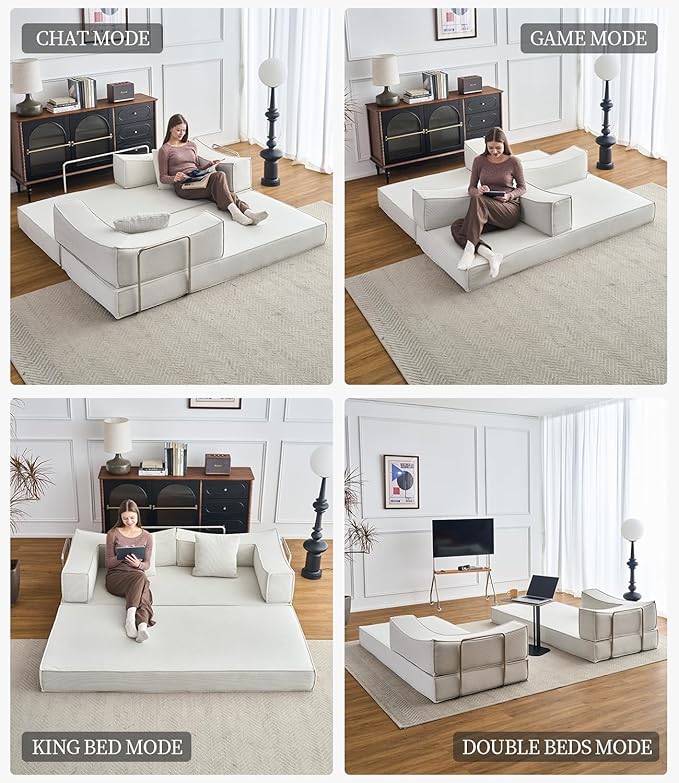 Carzzi-Life 79" Convertible Sleeper Sofa Bed, Corduroy Folding Sleeper Couch with Fixed-Shape Frame, Boneless Couch for Living Room Bedroom, Floor Sofa Lounge No Assembly Required (Beige)