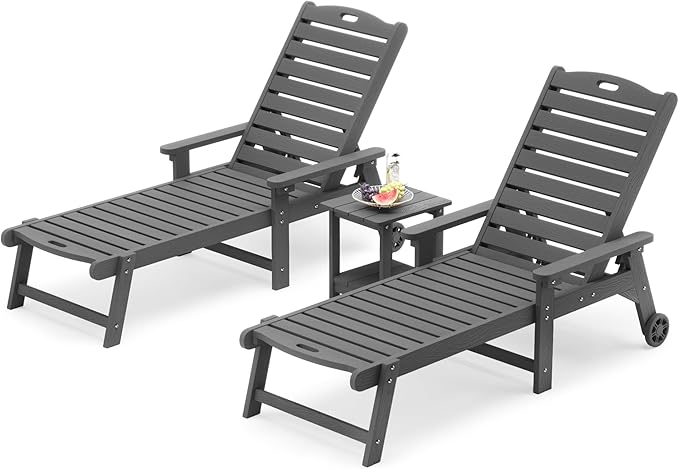 LUE BONA Chaise Lounge Chair with Table, 3-Piece, HDPS Chaise Lounger, 5 Positions Adjustable Lounge Chairs, Pool Lounge Chair with Wheels for Poolside, Backyard, Dark Gray