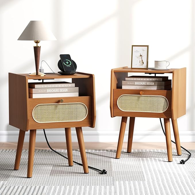 Night Stand Set 2, Mid Century Modern Nightstands Drawer, Rattan Bedside Table with Charging Station, Boho End Table with Storage, Wood Bed Side Tables for Bedroom, Small Space, Cherry